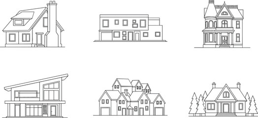 Obraz premium Set of Six Black and White Line Art Drawings of Various Residential House Styles Representing Real Estate and Architecture