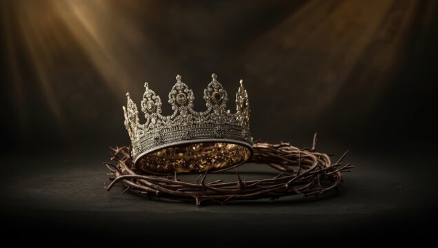 A regal crown alongside the crown of thorns, highlighting themes of authority and sacrifice