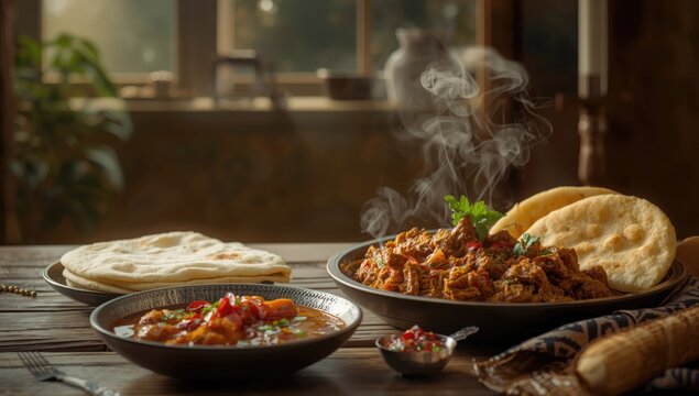Indian food with beef curry, Kerala parathas, and spicy Asian chicken and beef gravy, highlighting traditional hearty flavors for meal preparation