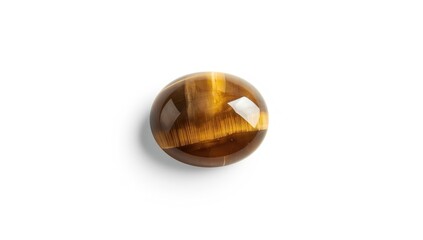 Fototapeta premium Brown yellowish tiger eye mineral on a plain white backdrop highlighting smooth texture and reflective qualities, Earth Day