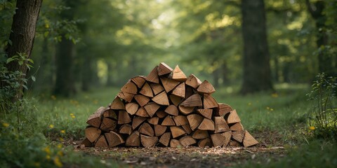Unorganized pile of firewood logs in a forest setting used as a background for rustic decor, Earth Day