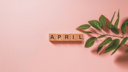 Calendar with wooden blocks showing April 1st alongside a plant on a pink background, serving as a design background