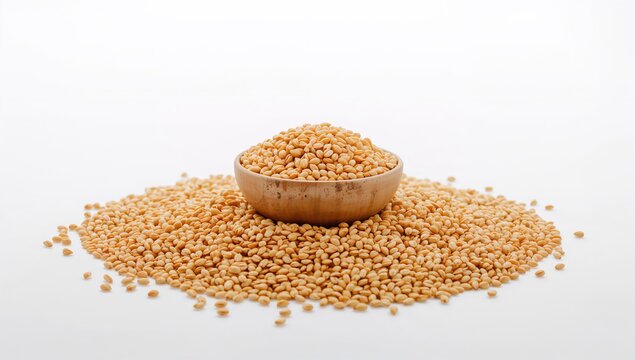 Organic barley or Jau grains in a bowl placed over wheat grains, highlighting whole food nutrition