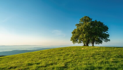 Fototapeta premium Green hilltop landscape with abundant trees and vibrant blue sky, illustrating natural preservation