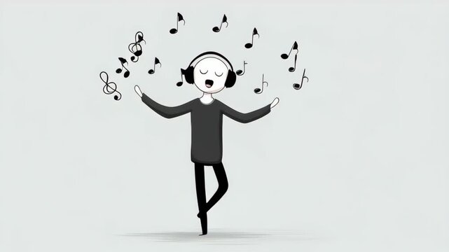 A man is dancing with headphones on and the music is playing. The man is wearing a black shirt and black pants
