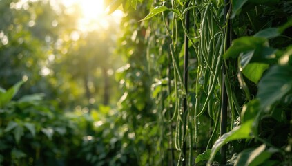 Obraz premium Long bean vegetables growing in a field, focused on crop maintenance for efficient agriculture