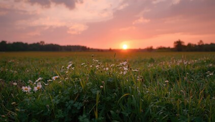 Evening sunlight illuminating a vibrant flower field, suitable for nature-themed UI backdrops