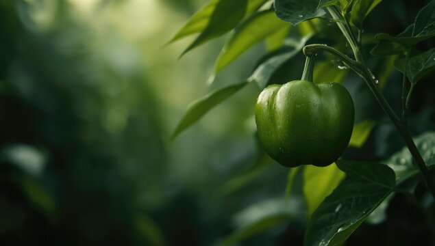 Fresh green pepper growing on the plant, suitable for crop monitoring and sustainable farming
