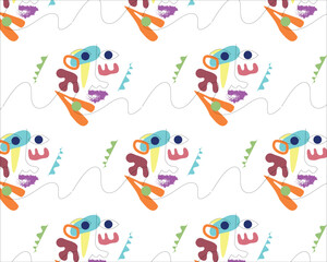Fototapeta premium Art & Illustratio Abstract seamless pattern depicting a human face, made with colored spots and lines on a white background. 