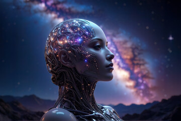 AI Human Hybrid Head with Digital Cosmos