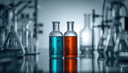 Laboratory setting with chemical experiments and protective gear, focusing on safety procedures in chemical research