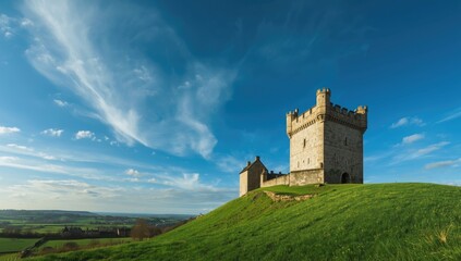 Old Norman castle with stone walls and tower, set against a clear blue sky, emphasizing medieval architecture and travel