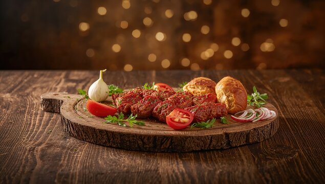 Veal Kebapche accompanied by vegetables and bread on a rustic wooden surface, highlighting traditional cuisine, World Food Day
