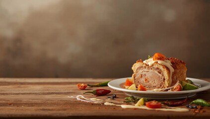 Mexican pork leg cake served with bread, tomato, onion, chili, avocado, highlighting regional cuisine