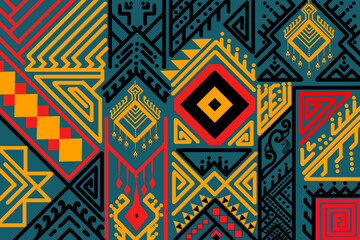 Colorful tribal geometric pattern, ethnic abstract symbols, bold angular shapes, deep blue background with yellow and red accents, modern folk art style, seamless textile design.