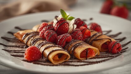 Fruit and chocolate crepe dessert featuring strawberries and sugar, highlighting breakfast sweet options