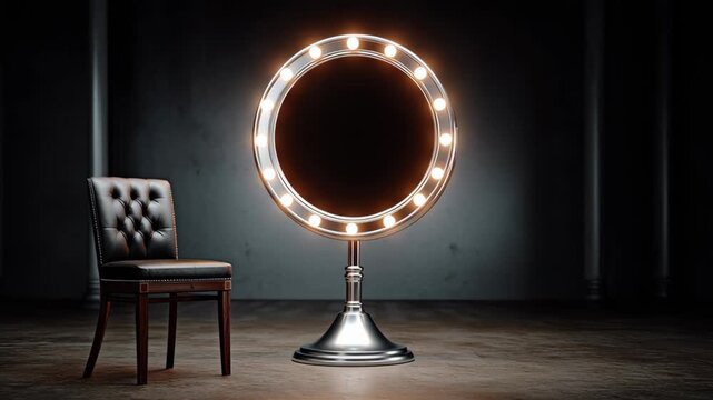 A mirror with a chair in front of it. The chair is black and the mirror is silver