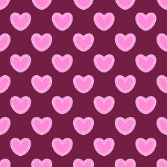 Seamless pattern of pink glowing hearts on dark burgundy background, romantic Valentine's Day wallpaper.