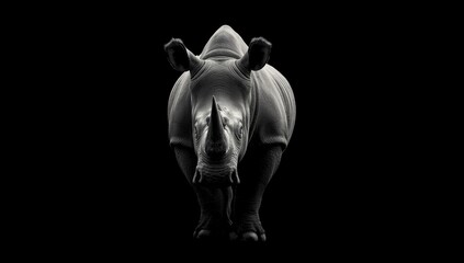 High-contrast monochrome image of a rhino against dark background, highlighting endangered species conservation