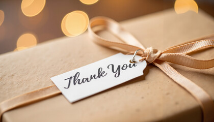 Gift box with thank you tag, cheerful mood, on festive bokeh background for International Thank You Day