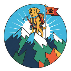 Dog climbing mountain and holding flag with paw print in nature  