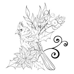 Fototapeta premium Cardinal Bird With Holly Leaves and Berries in Decorative Style for Coloring and Art Projects