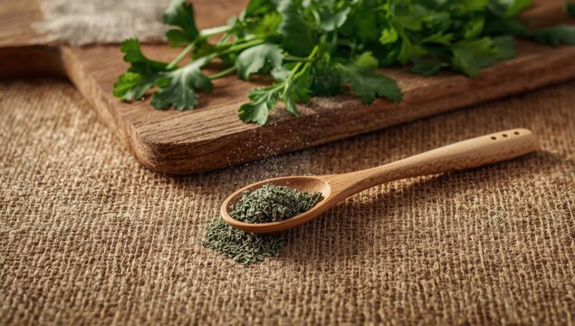 Fresh cilantro herb placed on aged wooden board, emphasizing natural ingredients, Earth Day