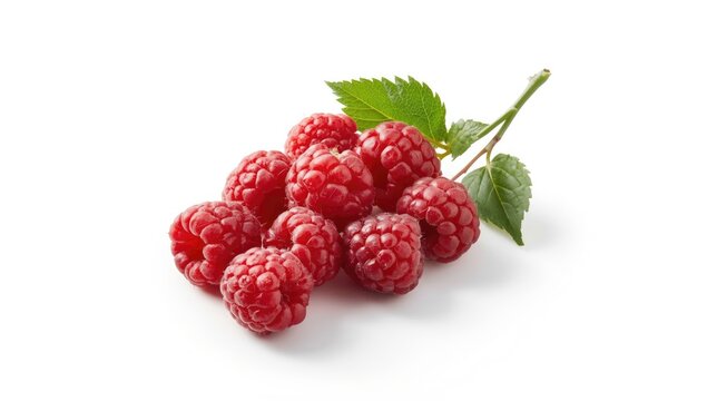 Detailed shot of raspberry and raspberries isolated on a white background serving as a fruit pattern for design projects, Earth Day