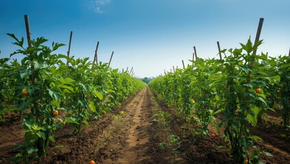 Traditional bamboo stakes supporting tropical vegetable crops, eco-friendly agriculture
