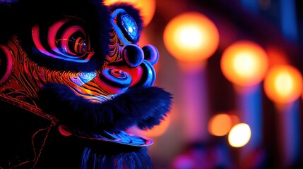 Close-up of vivid dragon head with ornate scales, glowing eyes! and blurred warm lanterns against neon lights