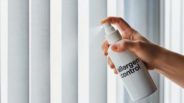 Hand spraying allergen control solution on window blinds  