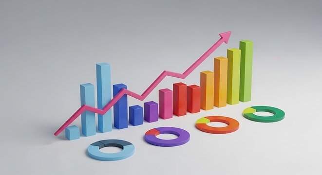Colorful bar and pie chart with upward trending line graph, symbolizing financial growth and positive business performance - Powered by Adobe
