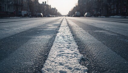 Icy street and frozen ground highlight winter weather challenges affecting pedestrian and vehicle safety