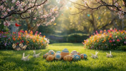 Colorful Easter eggs nestled among garden plants for seasonal celebration