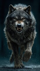 snarling wolf close-up, teeth visible, icy breath in the air, dark moody forest barely visible behind but perfectly in focus, ultra-realistic fur texture, aggressive protective vibe