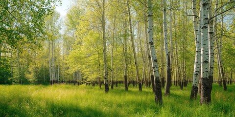 Obraz premium Birch forest in spring with white trunks and green leaves, photosynthesis, health walk, Earth Day