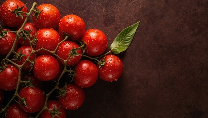 Red tomatoes with water droplets on a dark background, ideal for healthy cooking and garden harvesting, emphasizing freshness