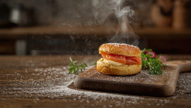 Baked puff pastry topped with smoked salmon and creamy Boursin cheese, suitable for appetizer presentation, food