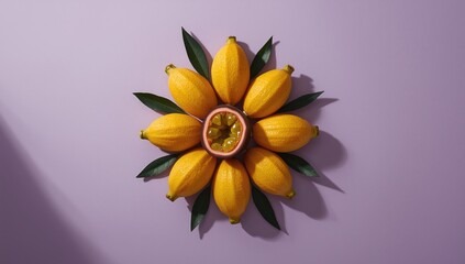 Ripe yellow passion fruits and leaves arranged on a lilac surface, ideal for colorful food photography or culinary layouts