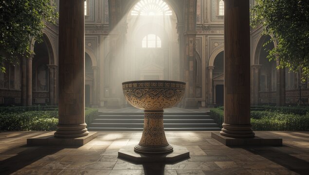Ancient baptismal font within a religious structure, focusing on cultural heritage, Palermo, Sicily, Italy