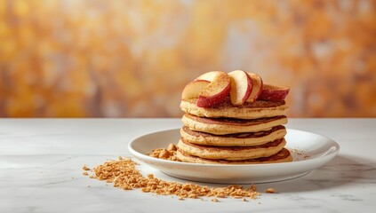 Homemade apple crumble pancakes served with fresh apples, focusing on fruit-based breakfast options, National Breakfast Week