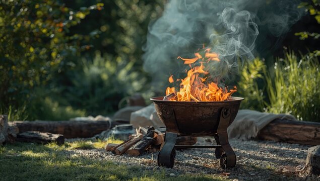 Open flame in a metal brazier, highlighting maintenance for outdoor heating, Earth Day