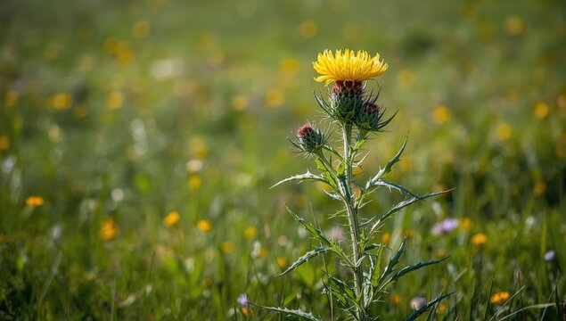 Sonchus asper growing in park meadow, spiny weed, green foliage, yellow blossoms, botanical growth, Earth Day