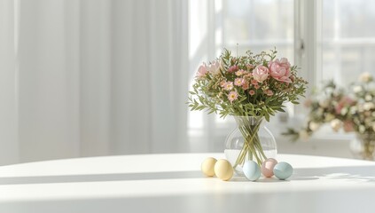 Decorative Easter eggs on a white surface with blooming branches in a vase, spring holiday setup