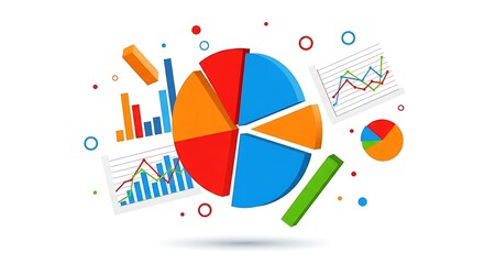 Colorful pie chart and bar graphs representing data analysis and financial growth, isolated on white background