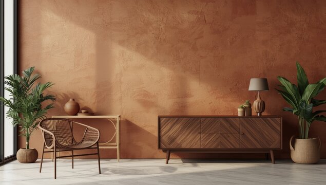 Brown interior with plants, dresser, stucco wall and decor, emphasizing home decor arrangement for visual presentation, World Environment Day