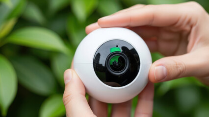 Smart Camera Installation: Hands holding a white spherical smart dome camera for home security and wireless surveillance setup.