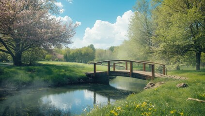 Obraz premium Spring scene with a small wooden bridge crossing a stream, ideal for landscape backgrounds