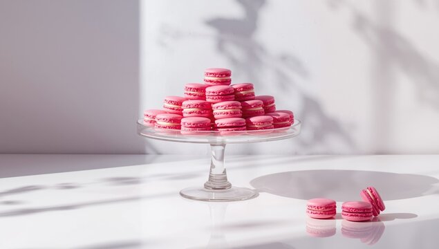Pink macarons displayed on a glass stand emphasizing pastry presentation for bakery display