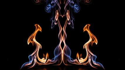 Symmetrical Smoke Art: Abstract blue and orange swirling vapor for creative graphic design and artistic wallpaper